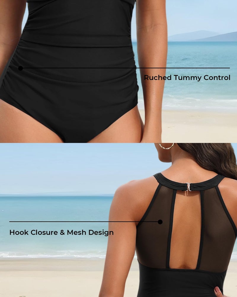 Tempt Me Women One Piece Swimsuit Black High Neck Plunge Ruched Tummy Control Bathing Suit 1X - Image 4